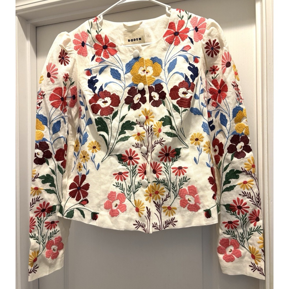 Boden Salisbury Womens 10R NWT 100% Linen Embroidered Floral Puff Sleeve Jacket
